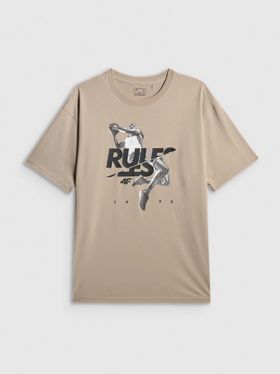 Męski t-shirt z nadrukiem 4F 4FWSS26TTSHM3333 - beżowy