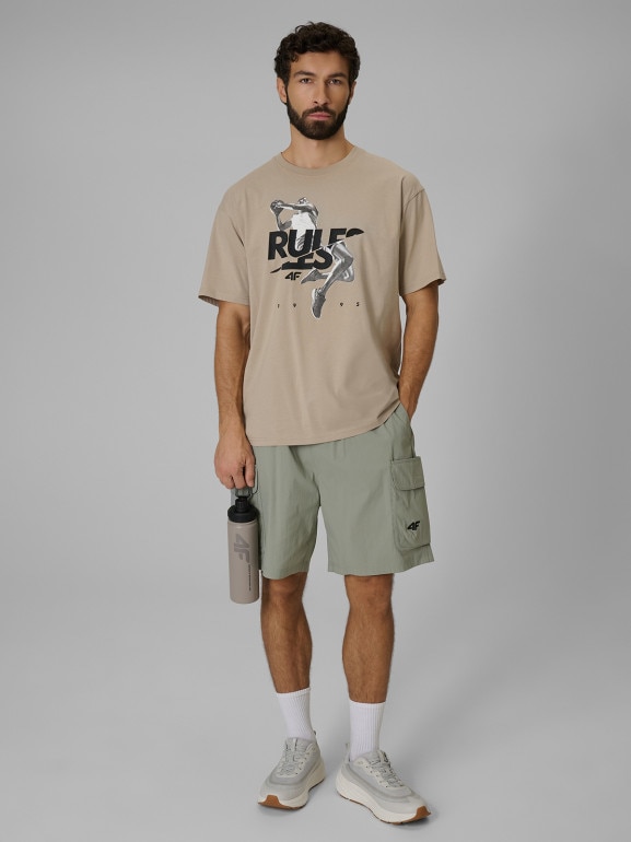 Męski t-shirt z nadrukiem 4F 4FWSS26TTSHM3333 - beżowy