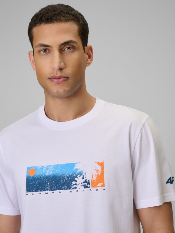 Męski t-shirt z nadrukiem 4F 4FWSS26TTSHM3335 - limonkowy