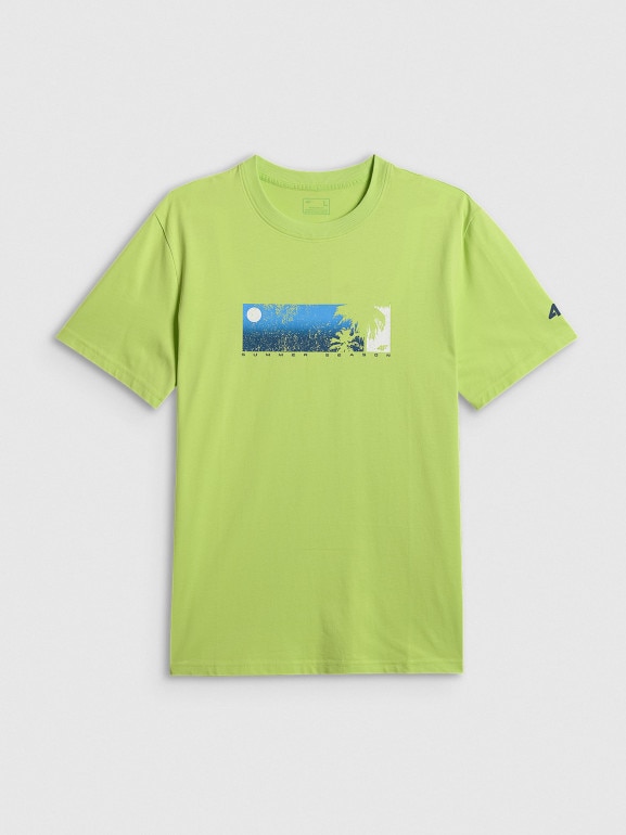 Męski t-shirt z nadrukiem 4F 4FWSS26TTSHM3335 - limonkowy
