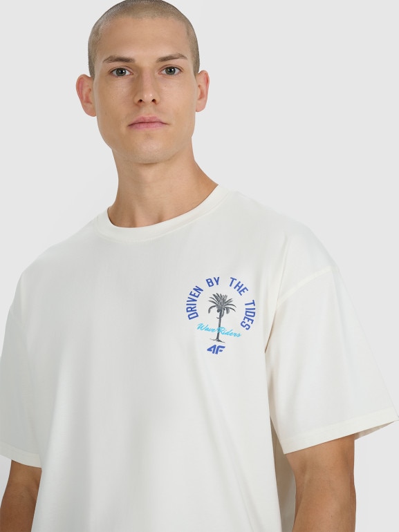Męski t-shirt z nadrukiem oversize 4F 4FRSS25TTSHM2990 - beżowy