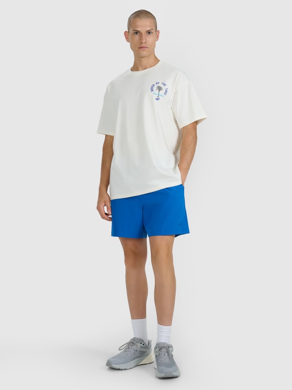 Męski t-shirt z nadrukiem oversize 4F 4FRSS25TTSHM2990 - beżowy