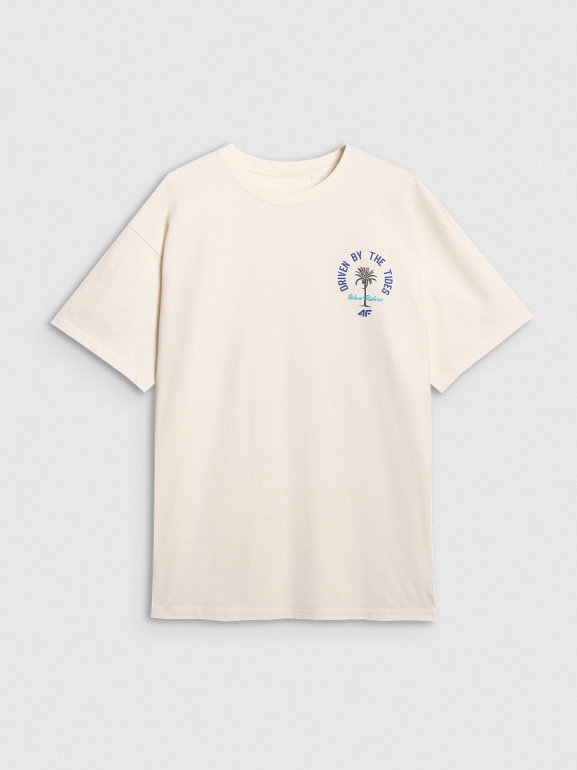 Męski t-shirt z nadrukiem oversize 4F 4FRSS25TTSHM2990 - beżowy