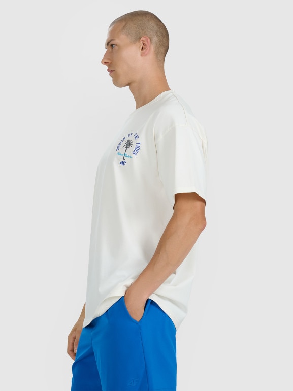 Męski t-shirt z nadrukiem oversize 4F 4FRSS25TTSHM2990 - beżowy