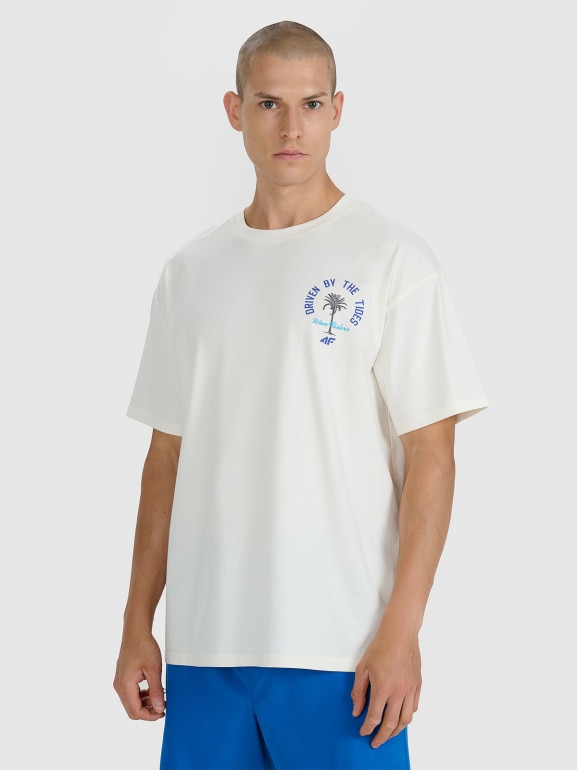 Męski t-shirt z nadrukiem oversize 4F 4FRSS25TTSHM2990 - beżowy