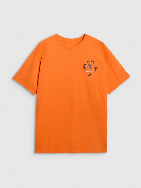 Męski t-shirt z nadrukiem oversize 4F 4FRSS25TTSHM2990 - pomarańczowy