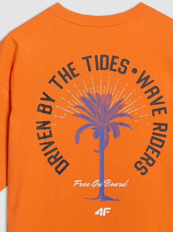 Męski t-shirt z nadrukiem oversize 4F 4FRSS25TTSHM2990 - pomarańczowy