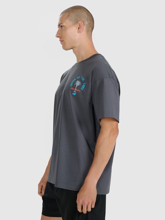 Męski t-shirt z nadrukiem oversize 4F 4FRSS25TTSHM2990 - szary
