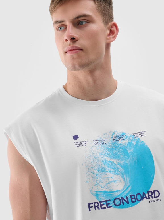 Męski tank top z nadrukiem 4F 4FRSS24TSLEM148 - biały