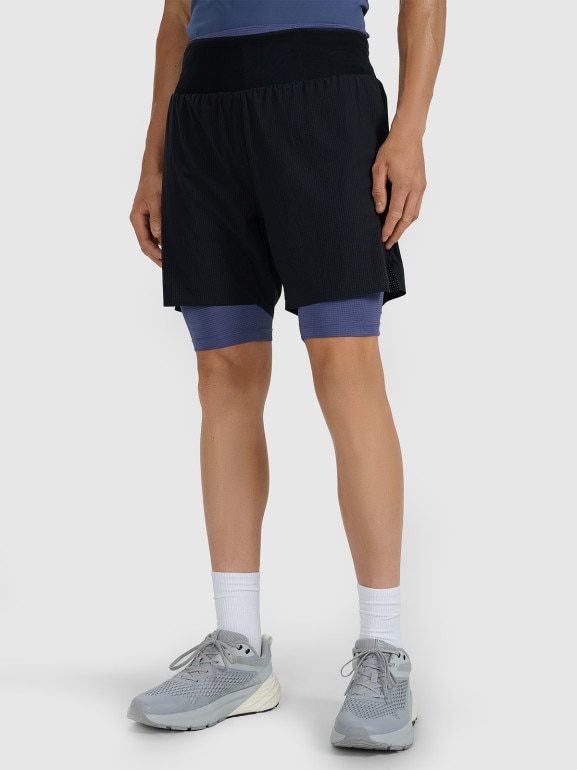 Męskie spodenki do biegania 2w1 4F 4FWAW25TFSHM1029 - czarne