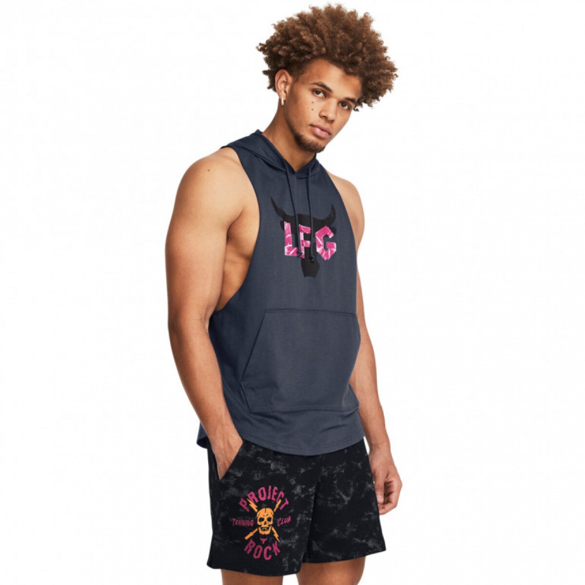 Męski top treningowy z kapturem Under Armour Project Rock LFG Graphic Sleeveless Hoodie - szary