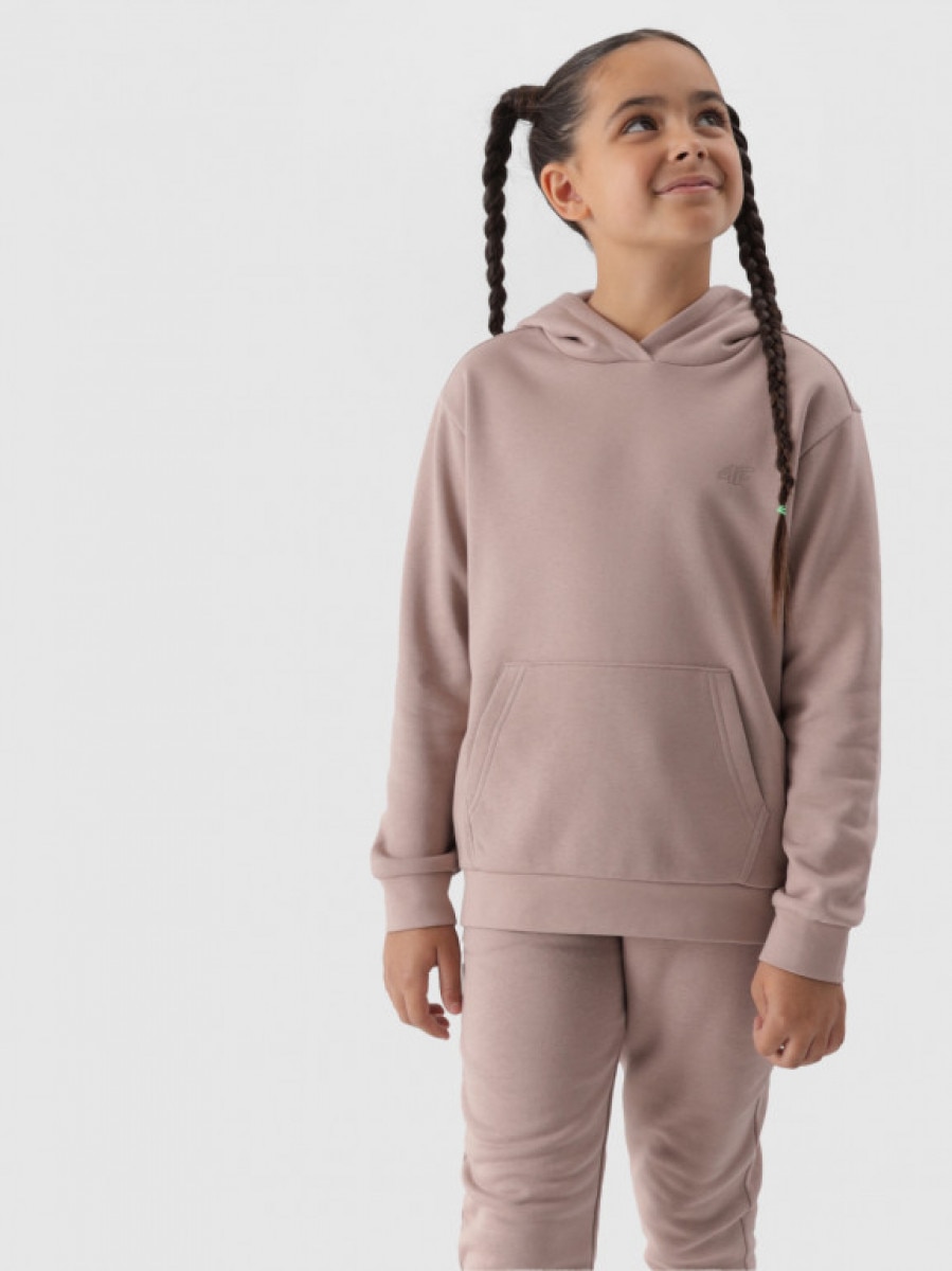 Dziewczęca bluza dresowa nierozpinana z kapturem 4F 4FJWMM00TSWSF1316 - beżowa