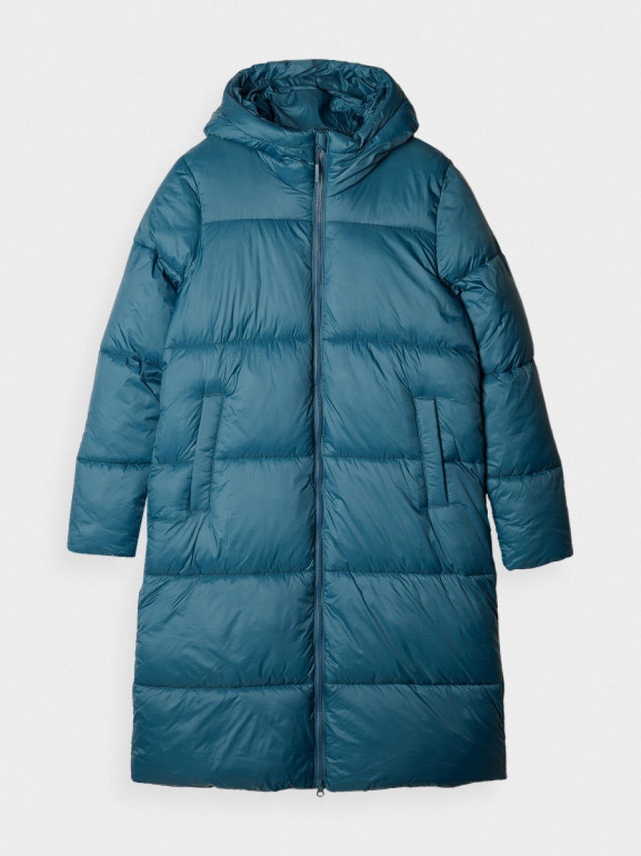 Damski płaszcz puchowy pikowany 4F 4FWAW24TDJAF475 - turkusowy