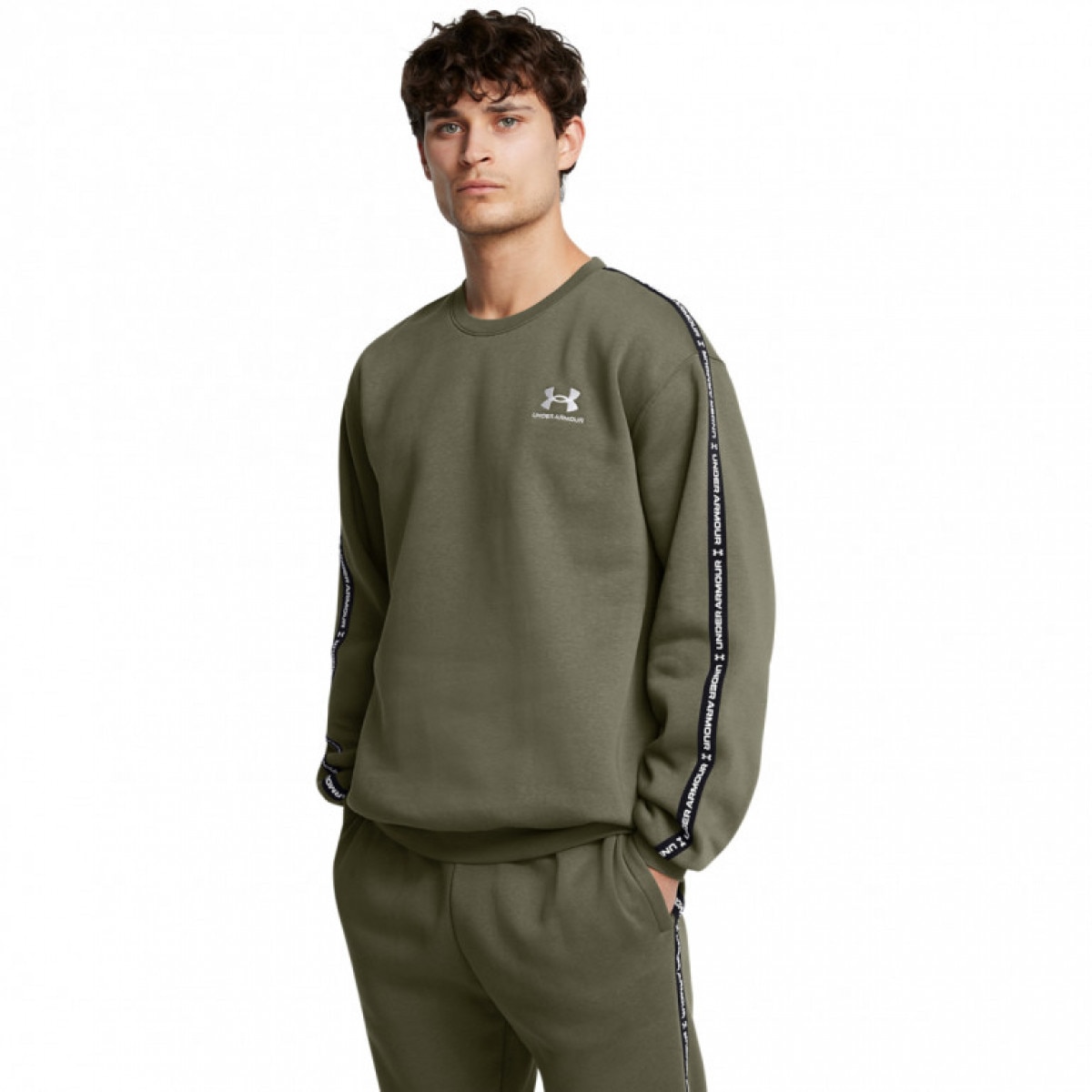 Męska bluza dresowa nierozpinana bez kaptura Under Armour UA Icon Fleece Crew Taping - zielona