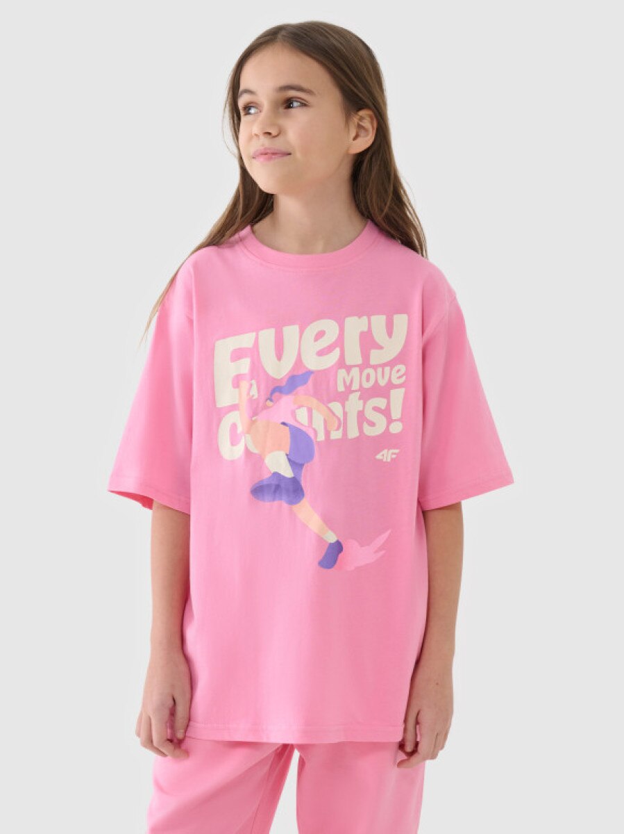 Dziewczęcy t-shirt oversize z nadrukiem 4F 4FJASAW24TTSHF2592 - różowy