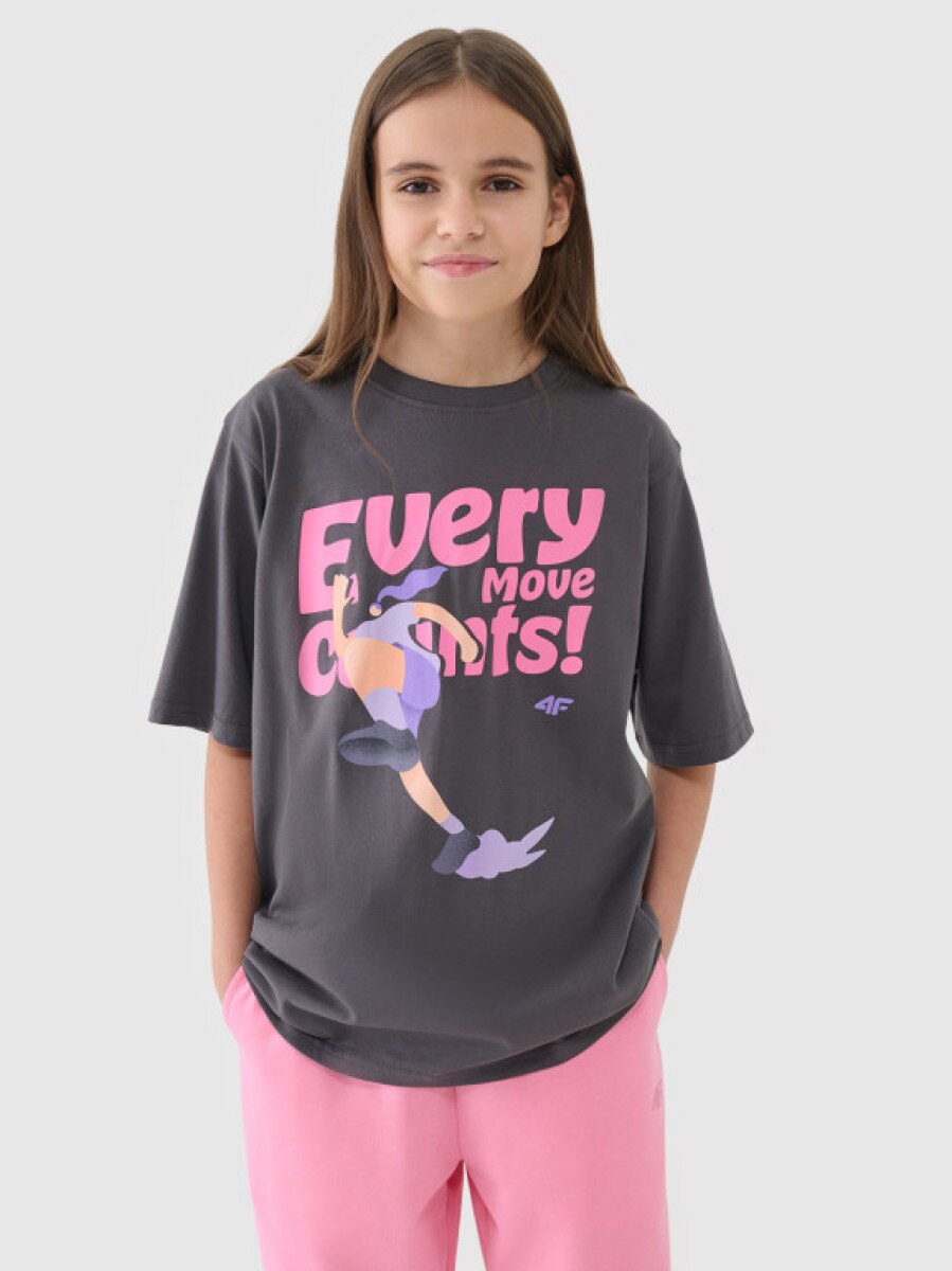 Dziewczęcy t-shirt oversize z nadrukiem 4F 4FJASAW24TTSHF2592 - szary