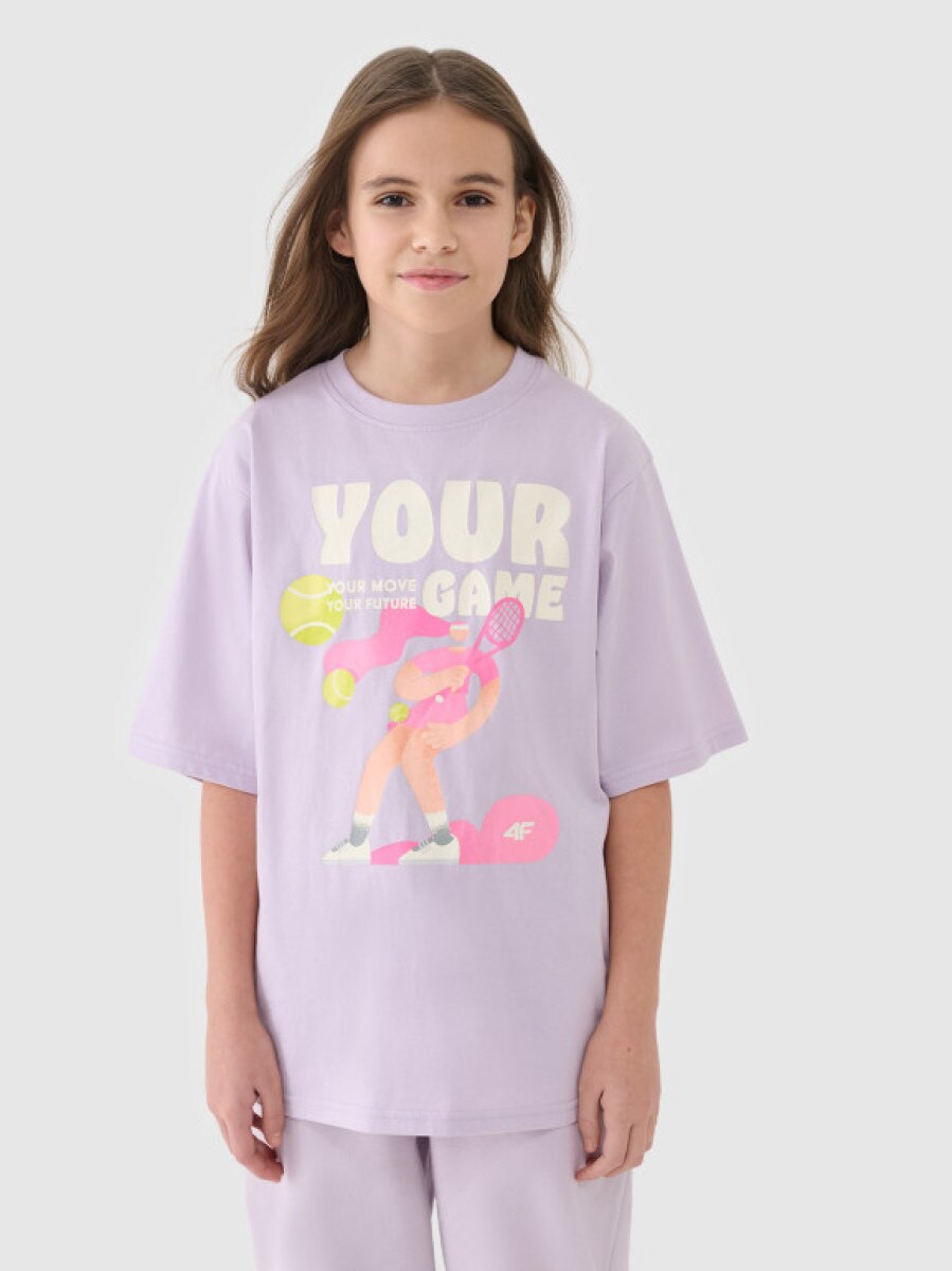 Dziewczęcy t-shirt oversize z nadrukiem 4F 4FJASAW24TTSHF2592 - różowy