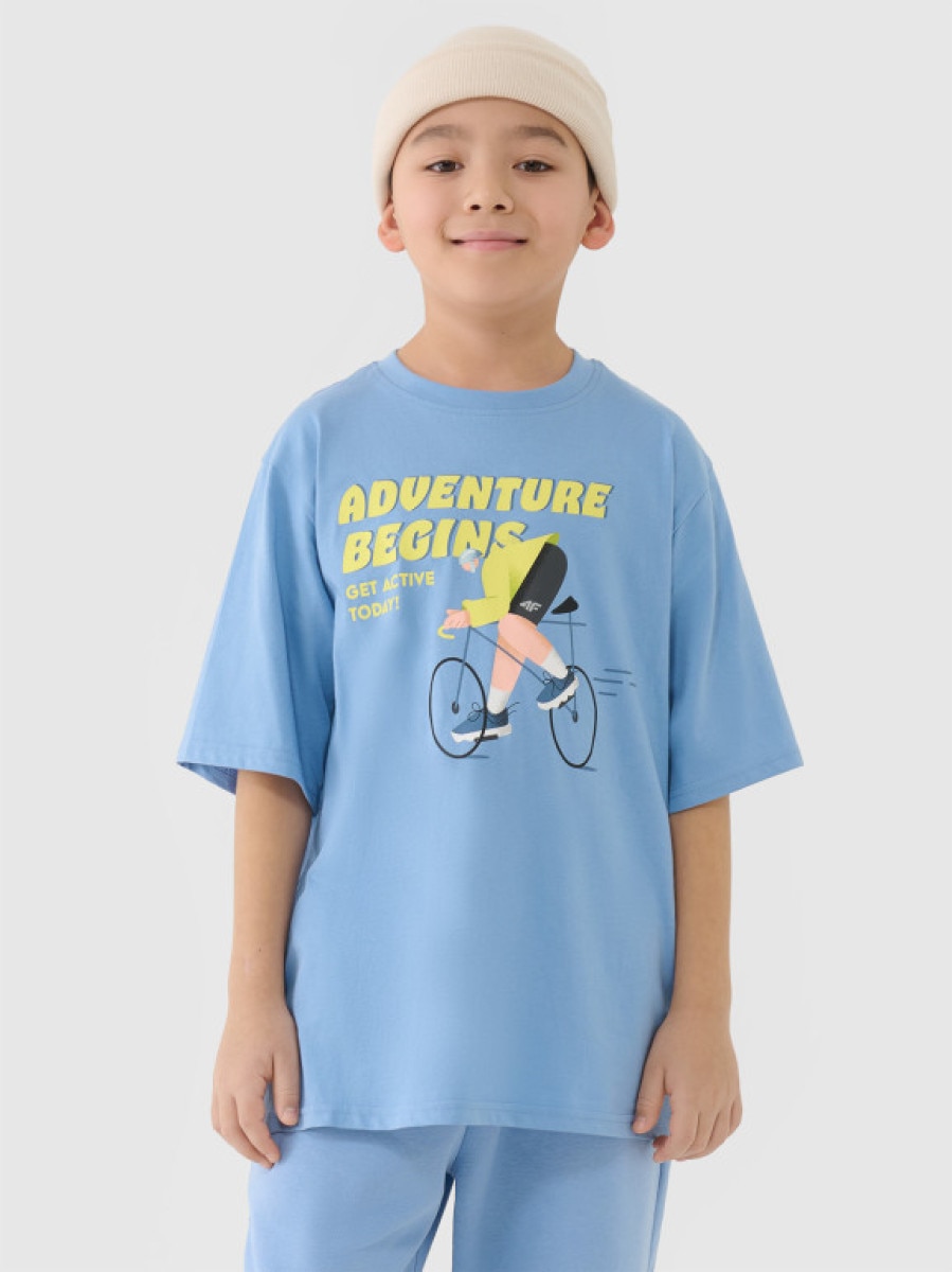 Chłopięcy t-shirt oversize z nadrukiem 4F 4FJASAW24TTSHM2596 - niebieski