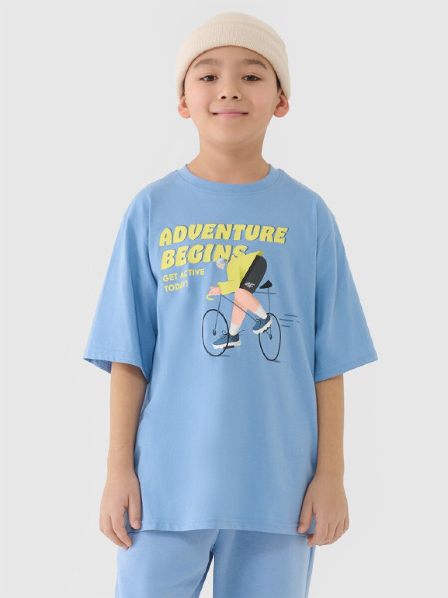 Chłopięcy t-shirt oversize z nadrukiem 4F 4FJASAW24TTSHM2596 - niebieski