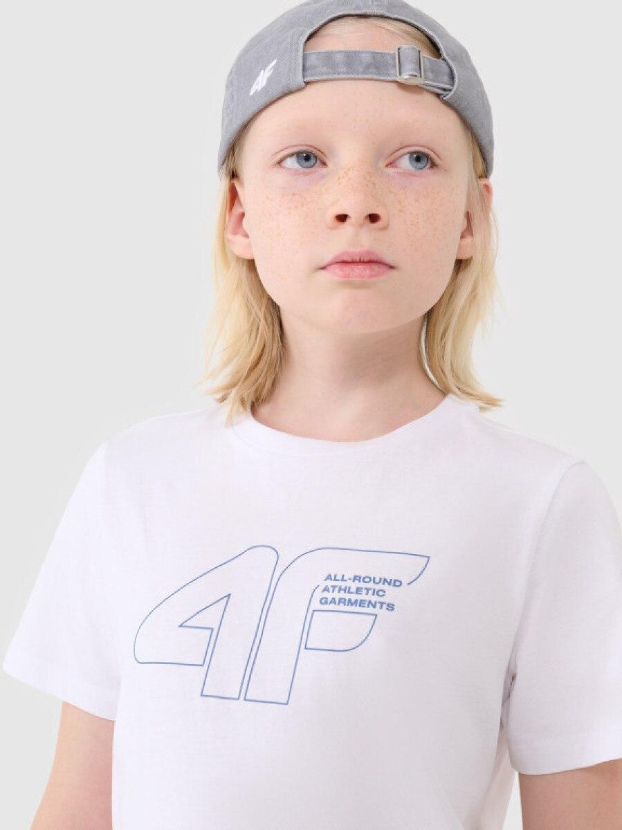 Chłopięcy t-shirt z nadrukiem 4F 4FJWSS25TTSHM2185 - biały