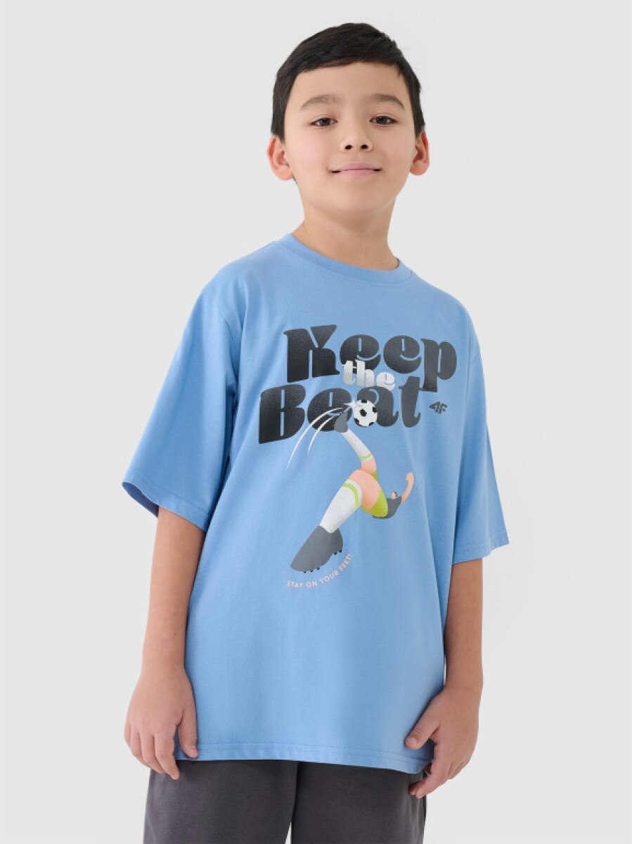 Chłopięcy t-shirt oversize z nadrukiem 4F 4FJASAW24TTSHM2596 - niebieski