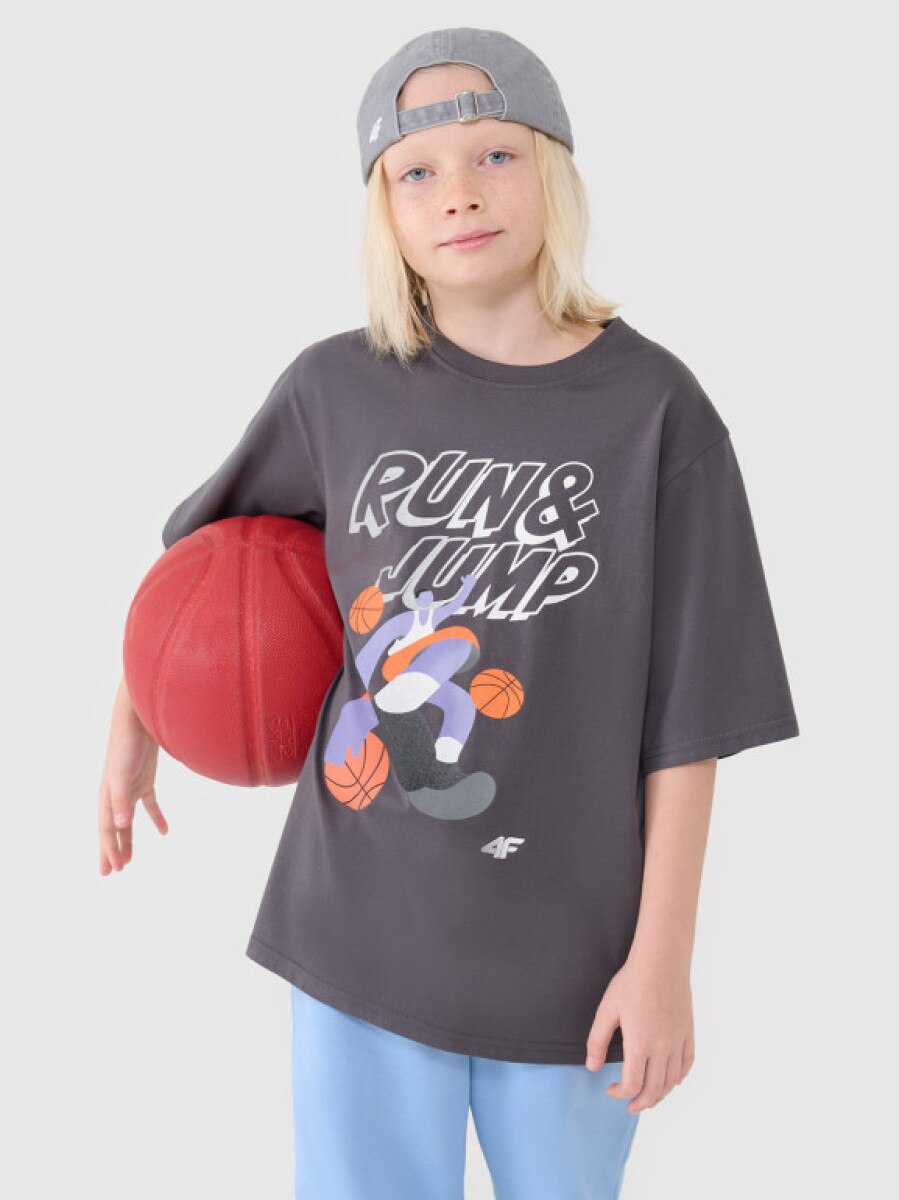 Chłopięcy t-shirt oversize z nadrukiem 4F 4FJASAW24TTSHM2596 - szary