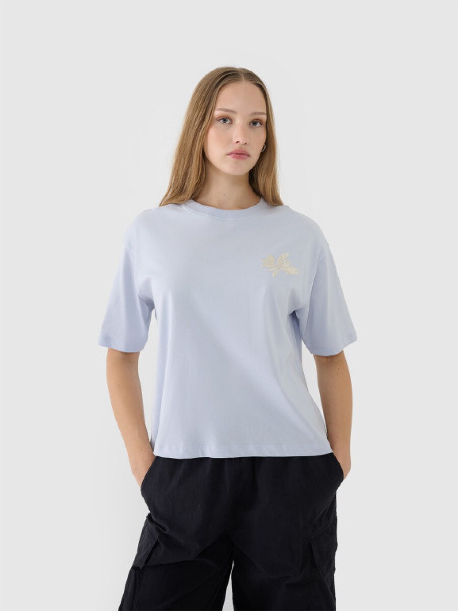 Damski t-shirt oversize z nadrukiem 4F 4FWSS25TTSHF1996 - niebieski