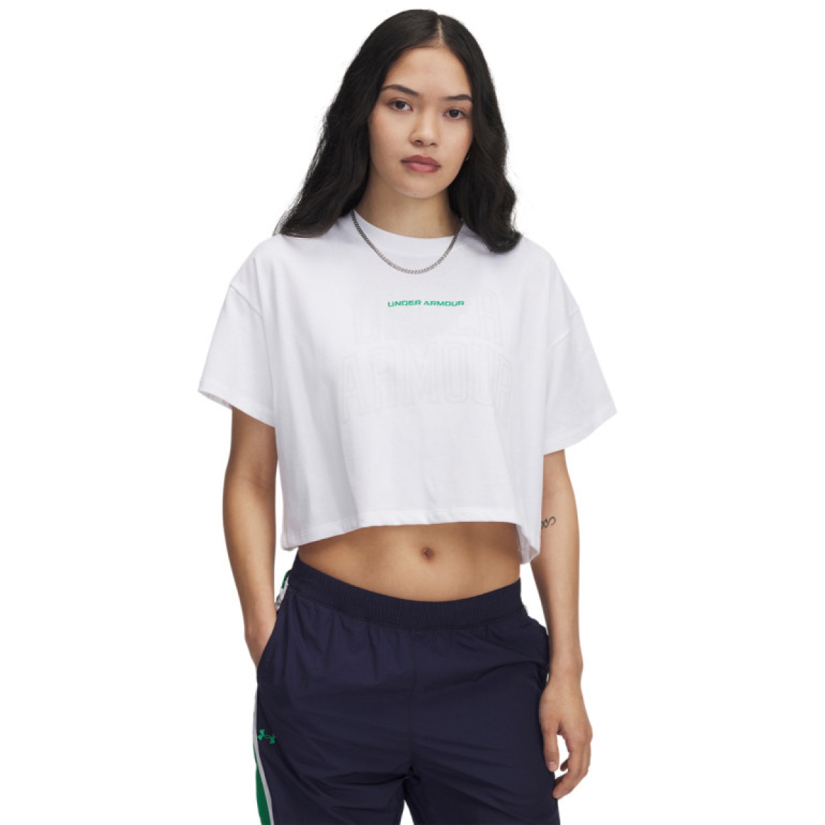 Damski t-shirt crop-top z nadrukiem Under Armour UA W Varsity Mix HW SS Crop - biały