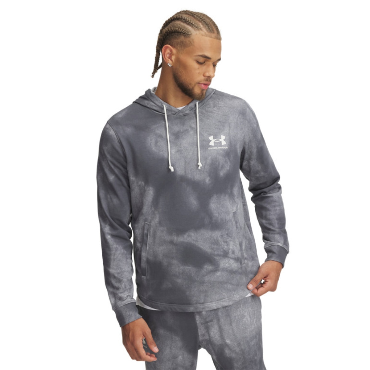 Męska bluza dresowa nierozpinana z kapturem Under Armour UA Rival Terry AOP Hood Q1 - szara