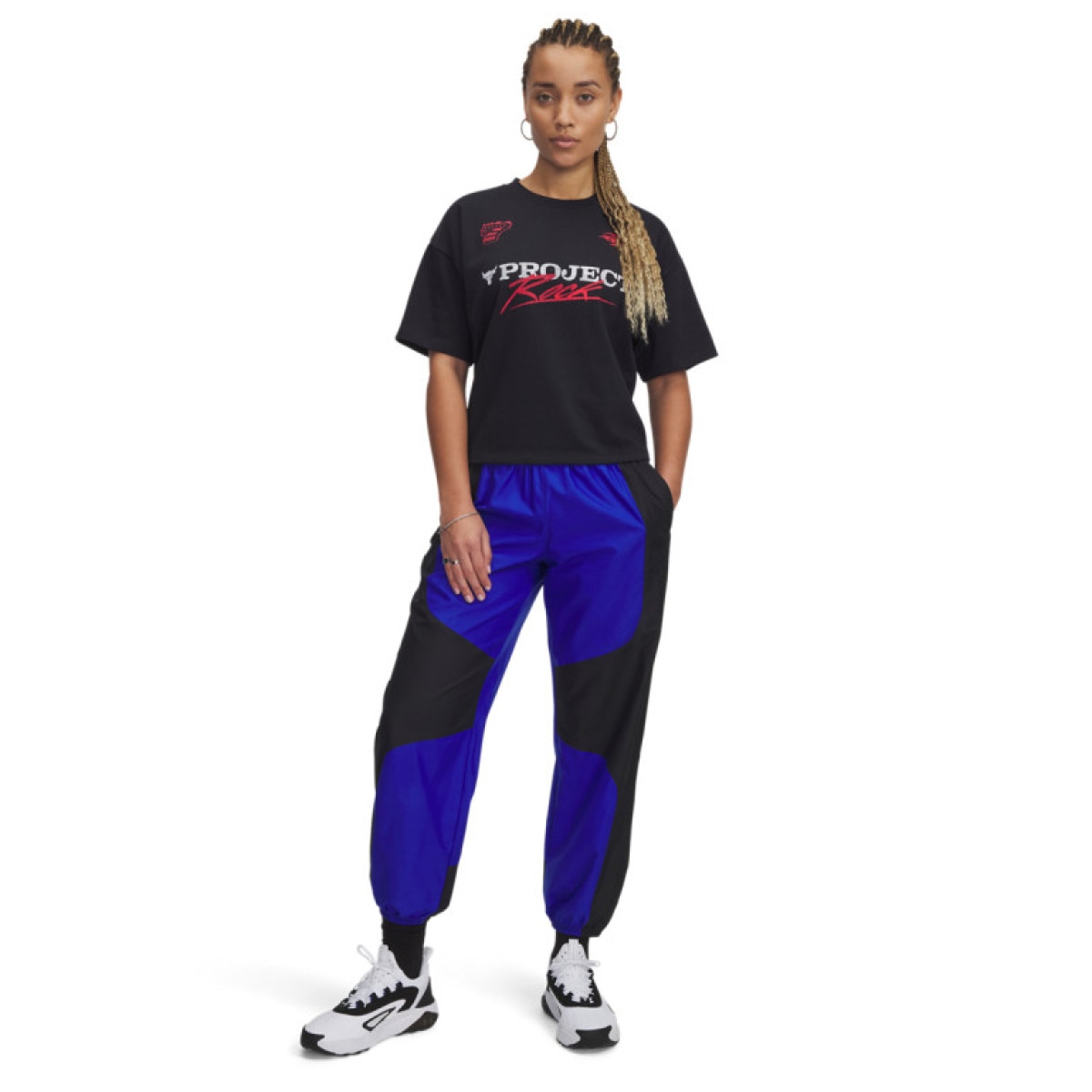 Damskie spodnie treningowe Under Armour Project Rock Woven Bottom - niebieskie