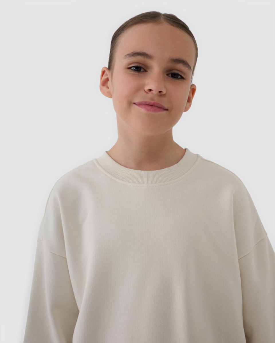 Dziewczęca bluza dresowa bez kaptura nierozpinana 4F 4FJWSS25TSWSF1479 - beżowa