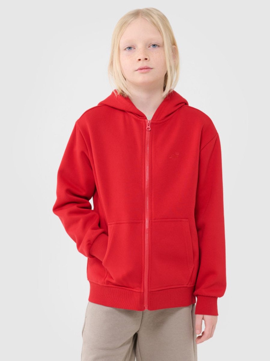 Chłopięca bluza dresowa z kapturem rozpinana 4F 4FJWSS25TSWSM1851 - czerwona