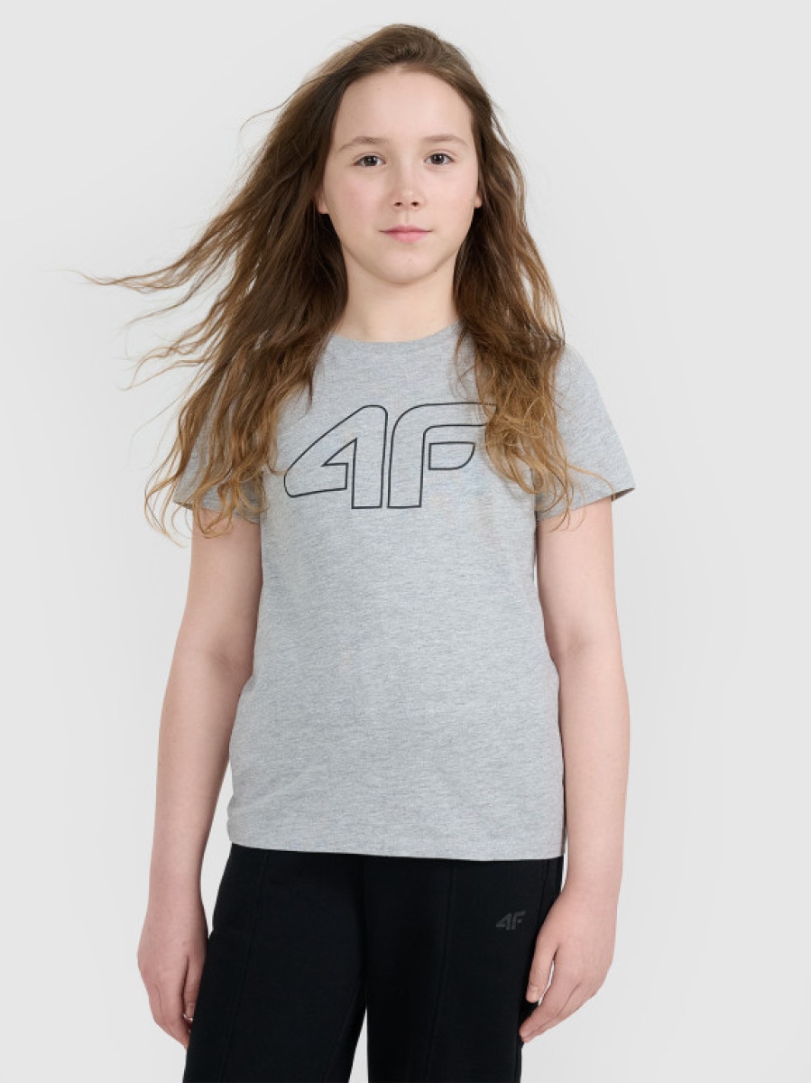 Dziewczęca koszulka oversize z nadrukiem 4F 4FJWMM00TTSHF2333 - szara