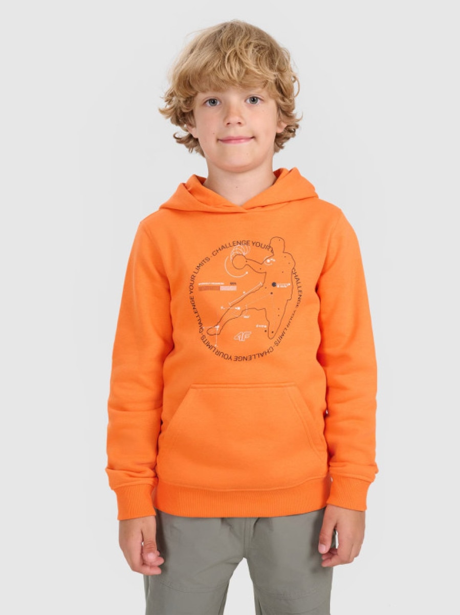 Chłopięca bluza nierozpinana z kapturem 4F 4FJWAW25TSWSM1958 - cpomarańczowa
