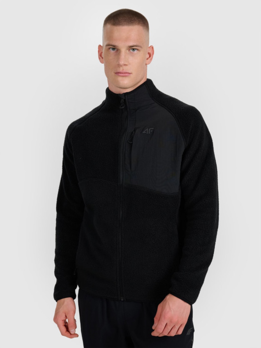 Męski polar sherpa rozpinany 4F 4FWAW25TFLEM339 - czarny