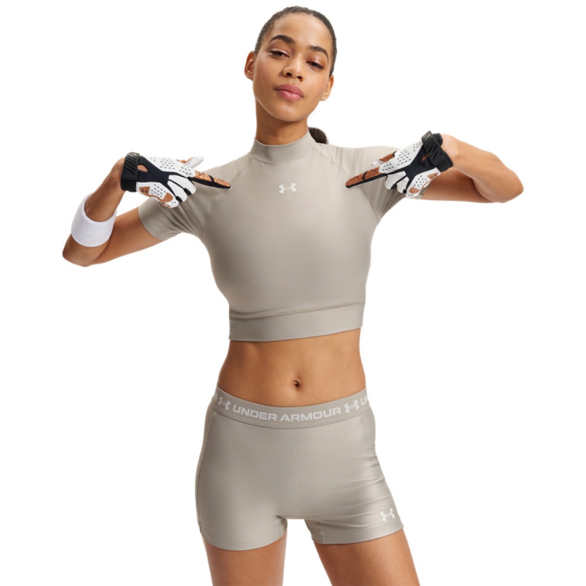Damska koszulka treningowa Under Armour HeatGear Crop Mock SS - beżowa