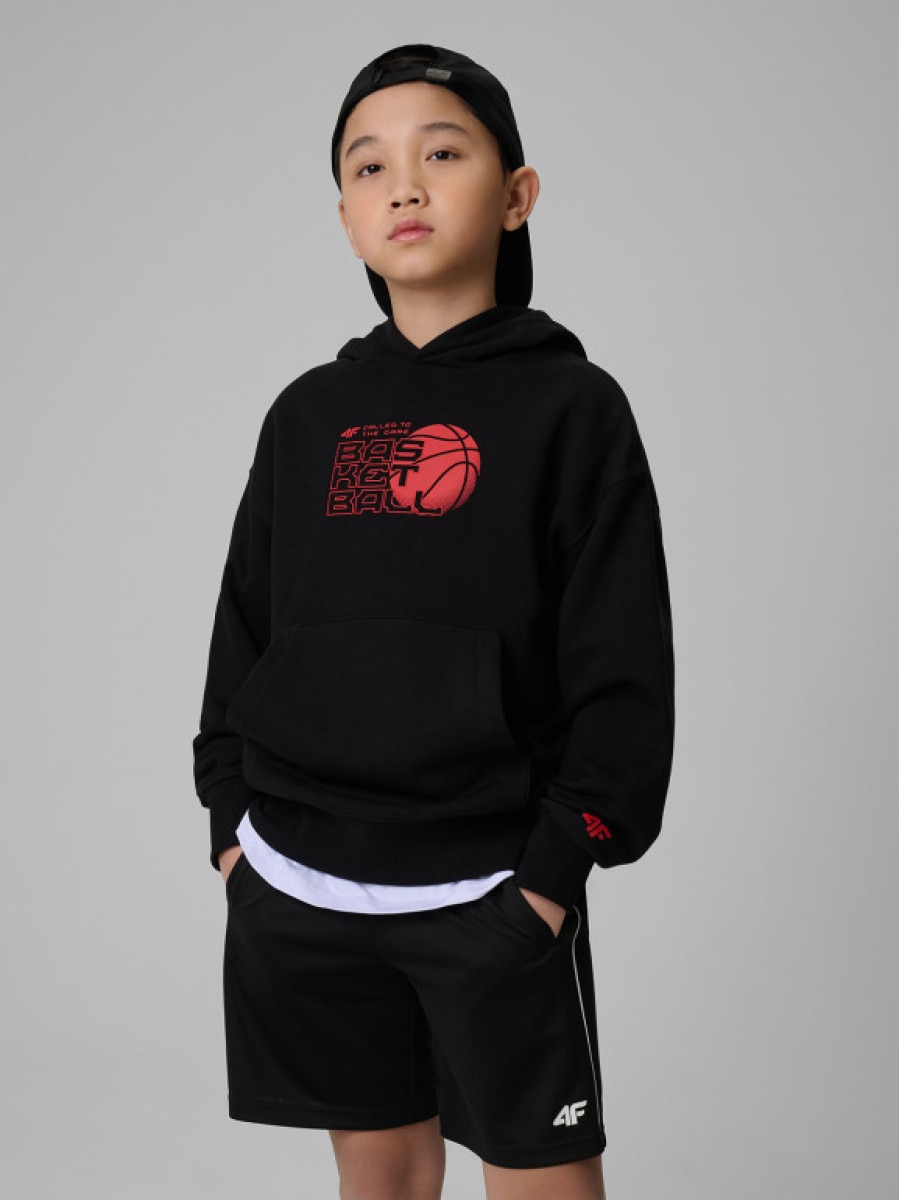 Chłopięca bluza dresowa nierozpinana z kapturem 4F 4FJWSS26TSWSM2321 - czarna