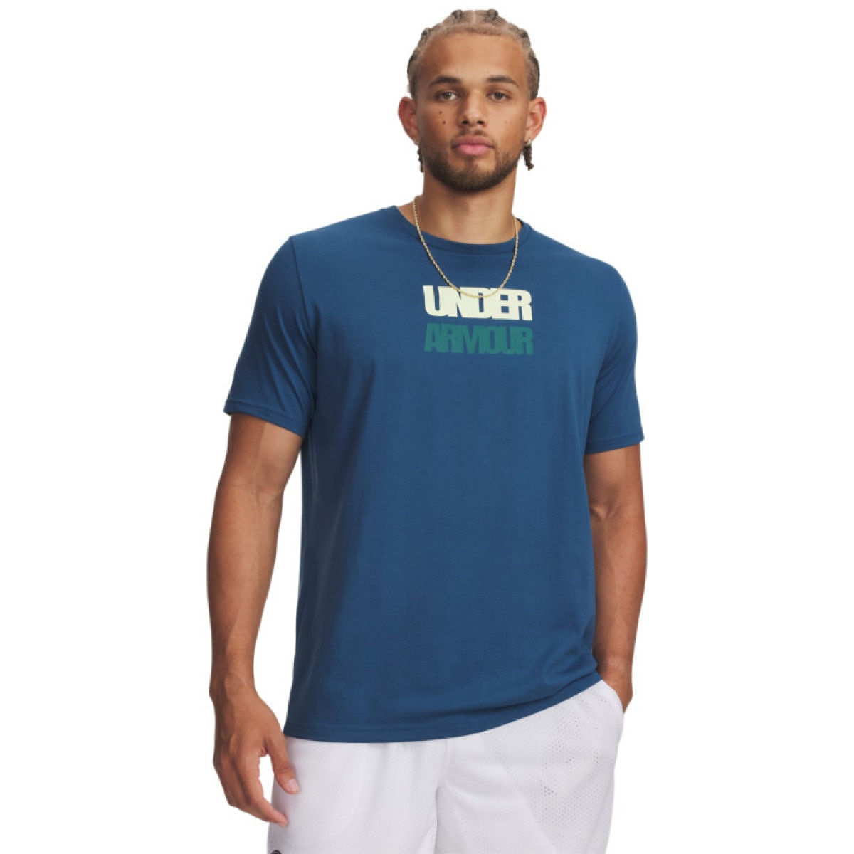 Męski t-shirt z nadrukiem Under Armour UA M BLOCK LOGO - niebieski