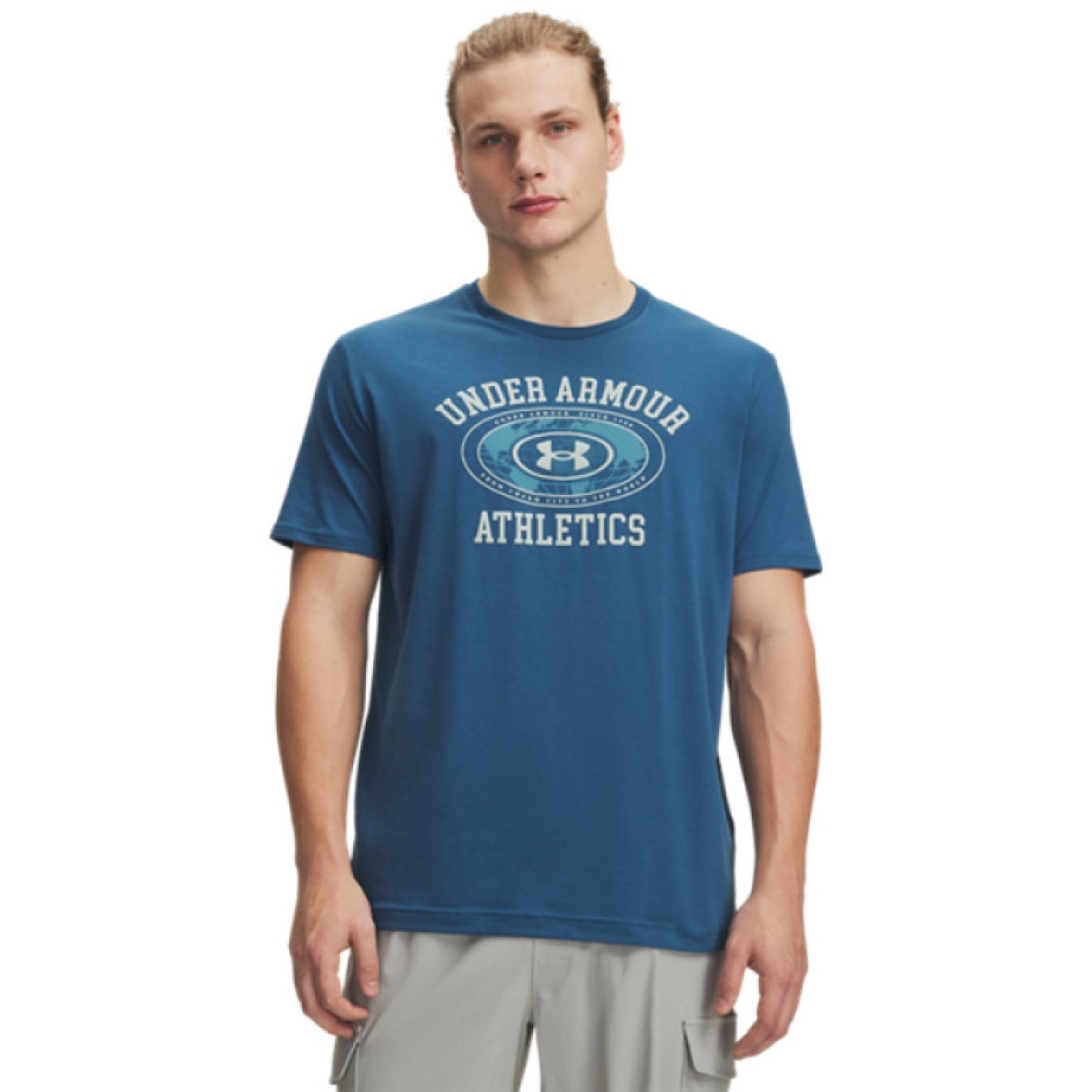 Męski t-shirt z nadrukiem Under Armour UA Armor Globe SS - niebieski