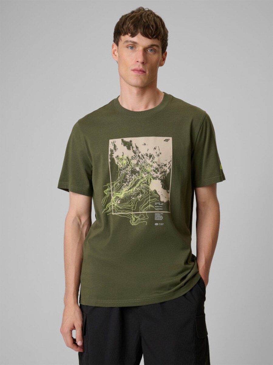Męski t-shirt z nadrukiem 4F 4FWSS26TTSHM2825 - khaki