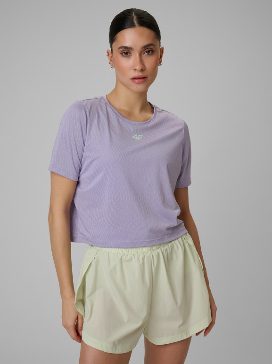 Damski crop top treningowy 4F 4FWSS26TFTSF1806 - fioletowy