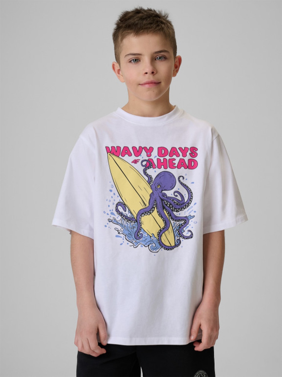Chłopięcy t-shirt z nadrukiem 4F 4FJRSS26TTSHM3904 - biały
