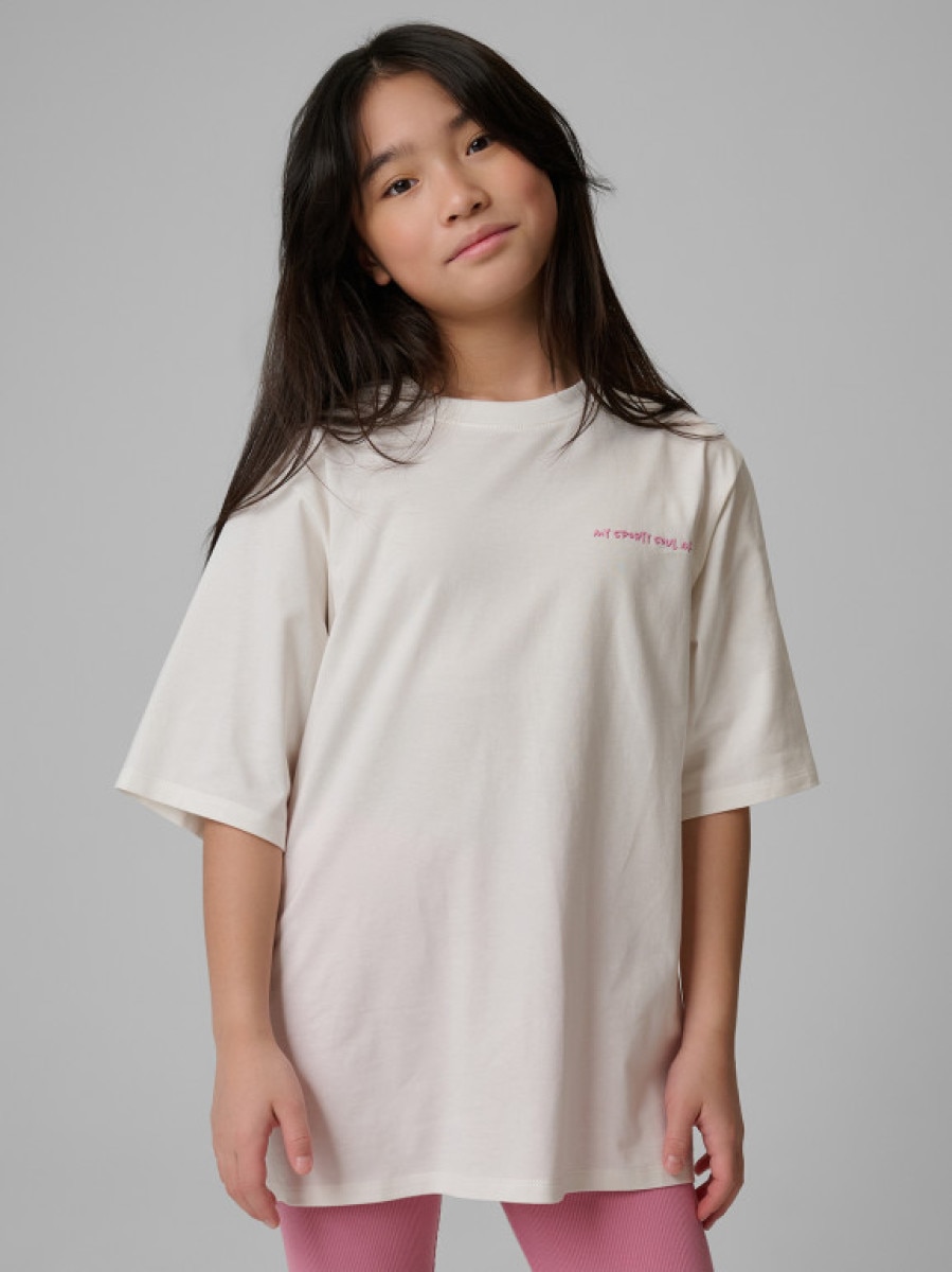 Dziewczęcy t-shirt z nadrukiem 4F 4FJRSS26TTSHF3870 - kremowy