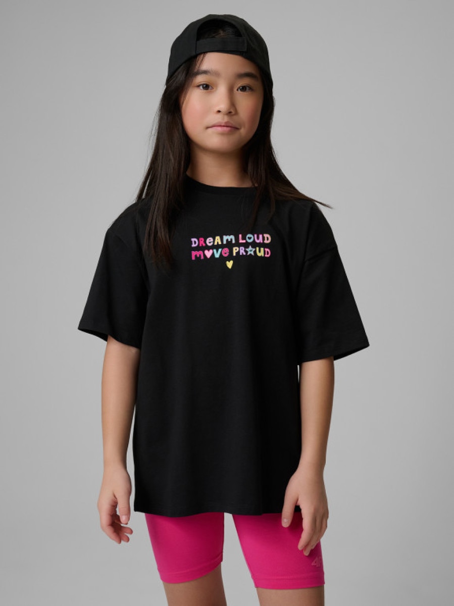 Dziewczęcy t-shirt z nadrukiem 4F 4FJRSS26TTSHF4137 - czarny