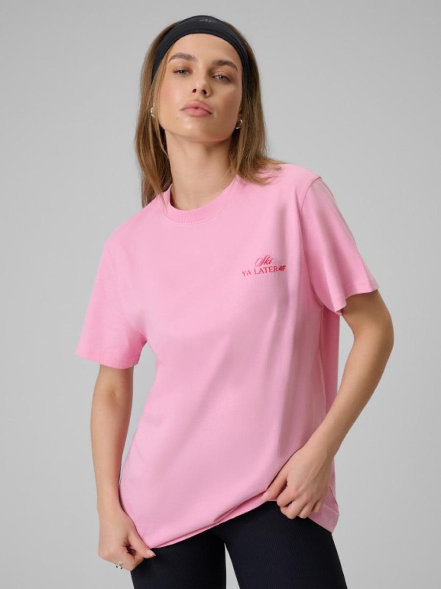 Damski t-shirt z nadrukiem 4F 4FRSS26TTSHF3449 - różowy