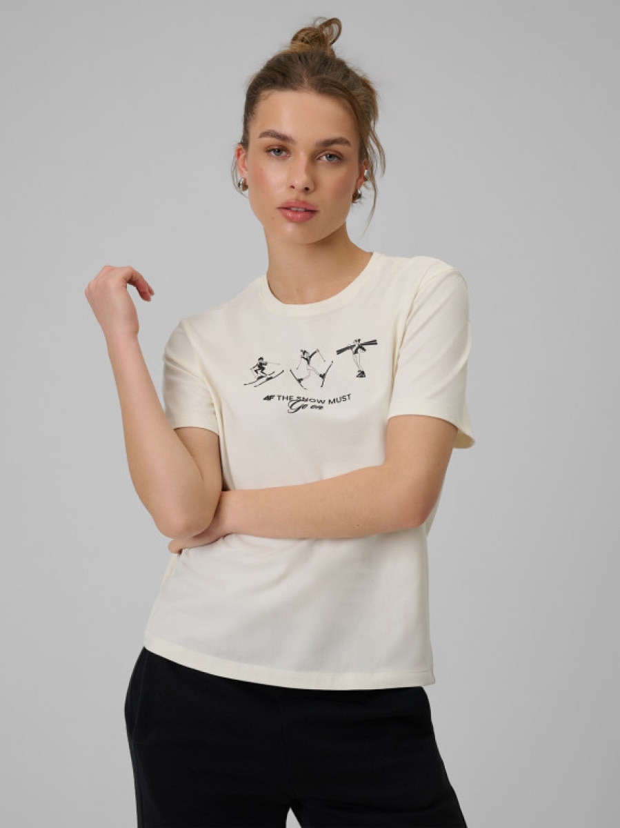 Damski t-shirt z nadrukiem 4F 4FRSS26TTSHF3447 - kremowy