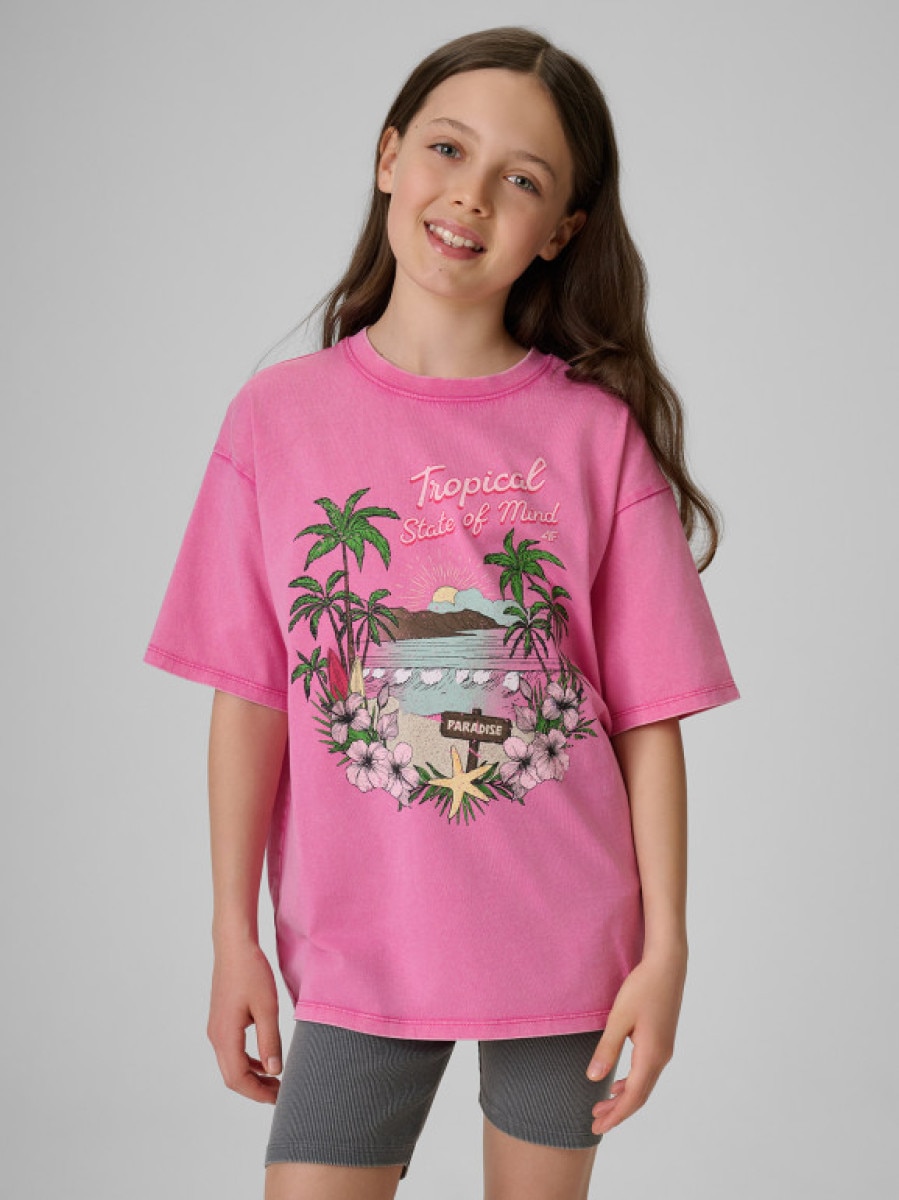 Dziewczęcy t-shirt z nadrukiem 4F 4FJRSS26TTSHF3981 - różowy