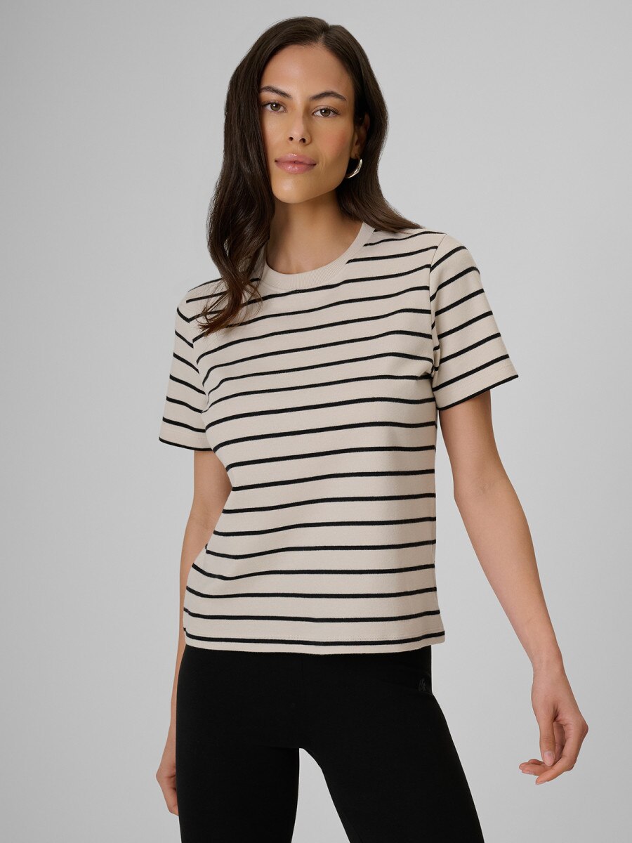 Damski t-shirt w paski 4F 4FRSS26TTSHF4023 - beżowy
