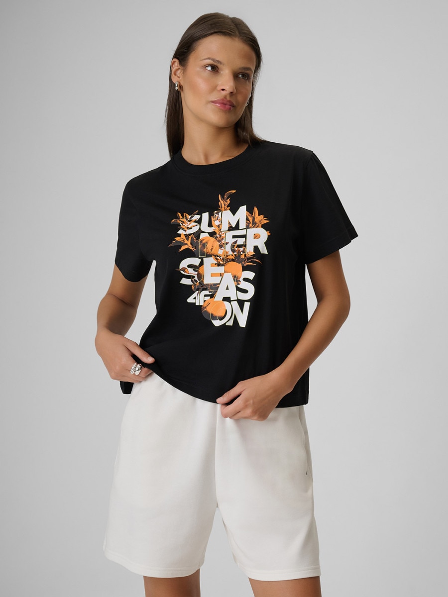 Damski t-shirt z nadrukiem 4F 4FWSS26TTSHF2721 - czarny
