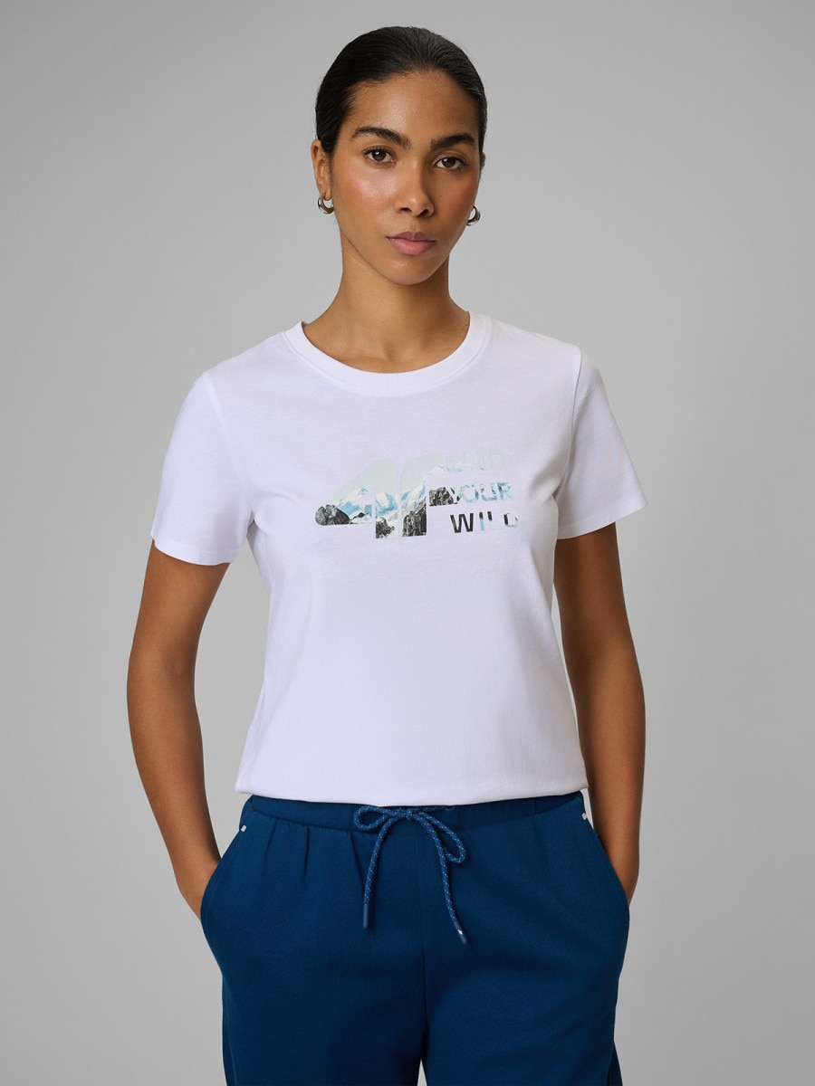 Damski t-shirt z nadrukiem 4F 4FWSS26TTSHF2775 - biały